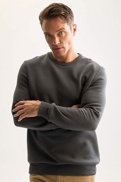 DeFacto Hanorac gros din bumbac cu 3 fire, cu fleece în interior, cu decolteu rotund, D7876AXNS