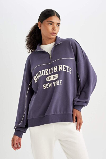 DeFacto DeFactoFit NBA Brooklyn Nets Oversize Geniş Kalıp Yarım Fermuarlı Dik Yaka Sweatshirt C8246AX24AU