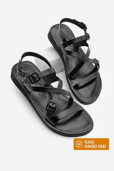 Marjin Women's Genuine Leather Eva Sole Back Strap Daily Sandals Evira Black