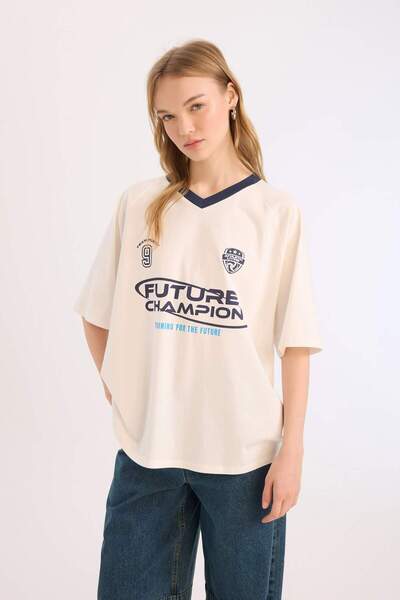 DeFacto Μπλουζάκι Coool Oversize Wide Fit με λαιμόκοψη V με στάμπα με κοντό μανίκι E4621AX25SM