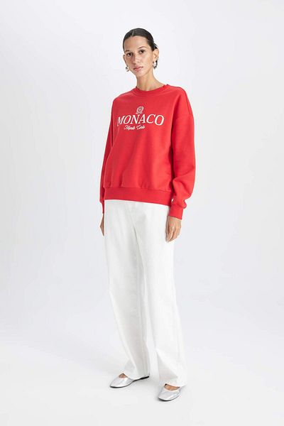 DeFacto Relax Fit Crew Neck Printed Thick Red Sweatshirt D6715Ax24Wn
