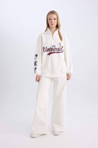 DeFacto Cool Disney Mickey & Minnie, oversize, cu fermoar, cu guler în picioare, imprimat, alb, gros