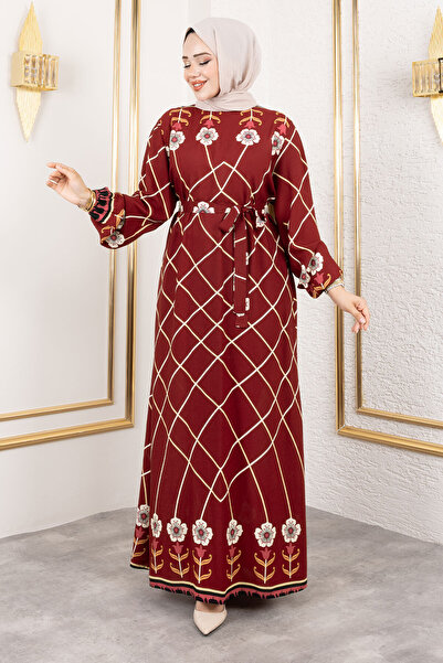 Tesettür Dünyası Baklava Patterned Floral Viscose Long Hijab Dress Tsd250203 Burgundy