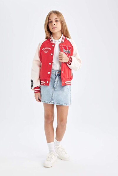 DeFacto Kız Çocuk Nakışlı Kolej Yaka Çıtçıt Kapamalı Çift Cepli Mevsimlik Kalın Yumuşak Tüylü Bomber Hırka