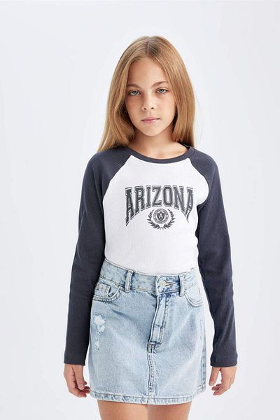DeFacto Girls' Crew Neck Letter Printed Ribbed Long Sleeve T-Shirt C9509A824Au