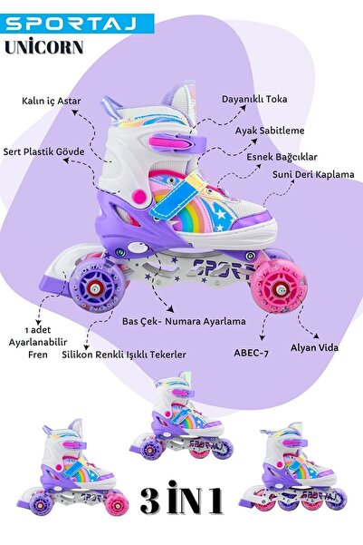 Sportaj Unicorn Işıklı Paten Kask Koruma Seti 2+2 Gökkuşağı Kız Çocuk Pateni Silikon Teker,Taşıma Çantalı 3