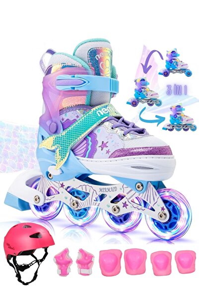 Sportaj Deniz Kızı Işıklı Paten Kask Koruma Seti 2+2 Kız Çocuk Pateni Silikon...