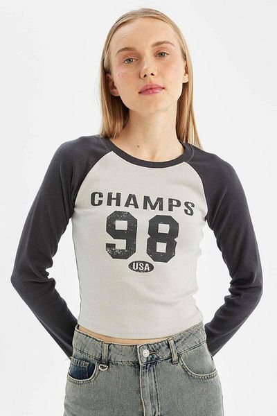 DeFacto Tricou cu mânecă lungă cu imprimeu cu gât crew - antracit C7926ax24au