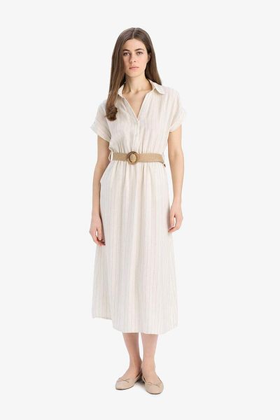 DeFacto Rochie midi cu mânecă scurtă, cu guler de cămașă, cu centură E8341AX25SP