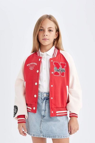 DeFacto Girl's Soft Feather Embroidered College Collar Bomber Cardigan - D1938A824Au