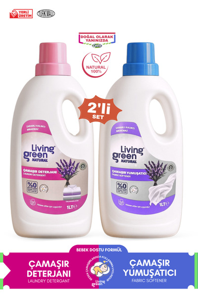 Living Green Natural Çamaşır Deterjanı & Yumuşatıcısı, %100 Doğal Lavanta Fer...