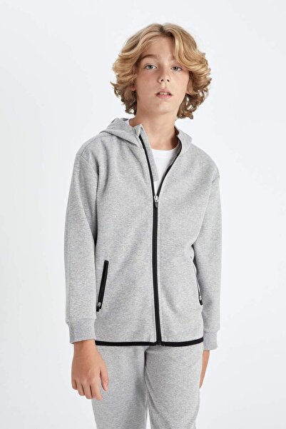 DeFacto Boy's Basic Plain Gray Hooded Pocket Zippered Sweatshirt C8188A824Au