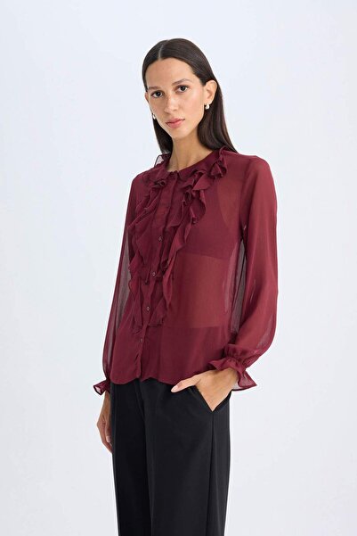DeFacto Regular Fit Crew Neck Ruffled Chiffon Long Sleeve Blouse 3153984
