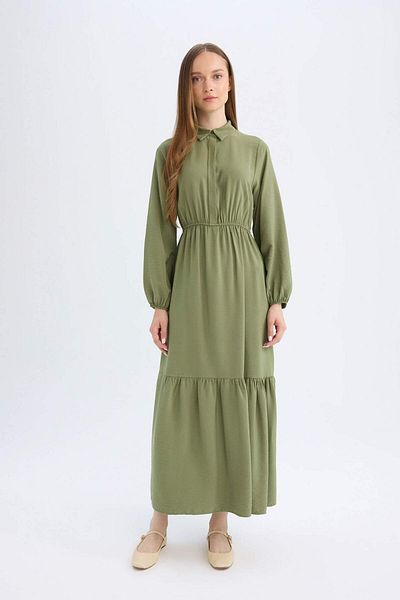 DeFacto Hemdkragen Basic Einfach Knopf Verschluss Geraffte Taille Langarm Maxi Marineblaues Kleid D5851AX24AU