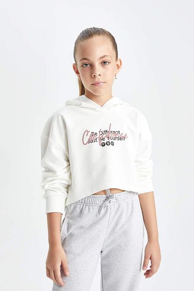 DeFacto Girls Oversize Wide Fit Crop Hooded Printed Sweatshirt D0314A824Au