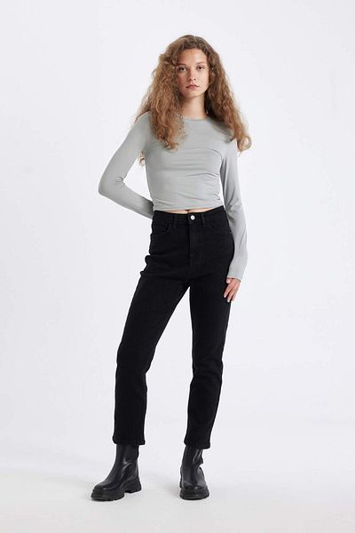 DeFacto Tricou cu mânecă lungă, alb, simplu, cu decolteu, ajustat la corp D0199AX24AU