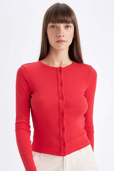 DeFacto Slim Fit Dar Kesim Basic Düz Rundhalsausschnitt Knopf Rippenstrick Cardigan D6130AX24AU