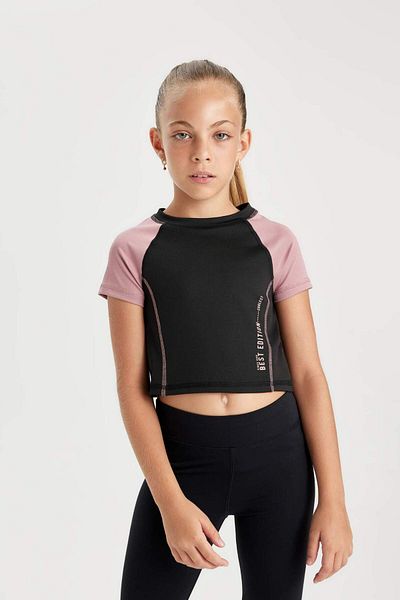 DeFacto Tricou cu mânecă scurtă pentru fete, slim fit, cu decolteu, cu imprimeu text D0313A824AU