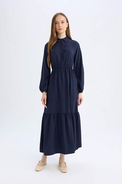 DeFacto Shirt Collar Basic Plain Buttoned Gathered Waist Long Sleeve Maxi Navy Dress D5851Ax24Au