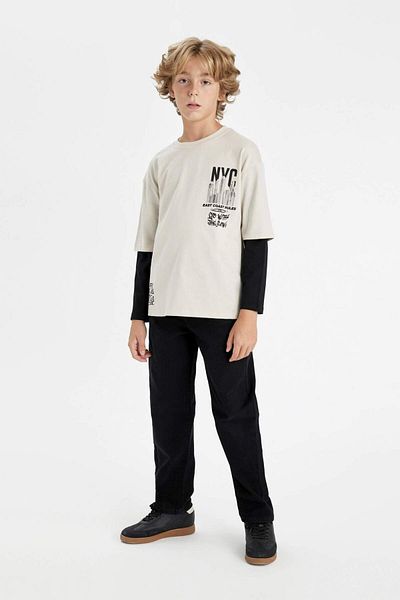 DeFacto Boy's Crew Neck Text Printed Long Sleeve T-Shirt C9570A824Au