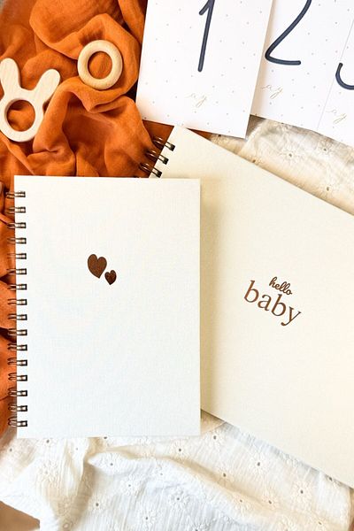 Martius Art Baby Memory Book and Mother Pregnant Diary Set / 0-3 Years Old Baby Agenda / Beige Linen Gilding Design
