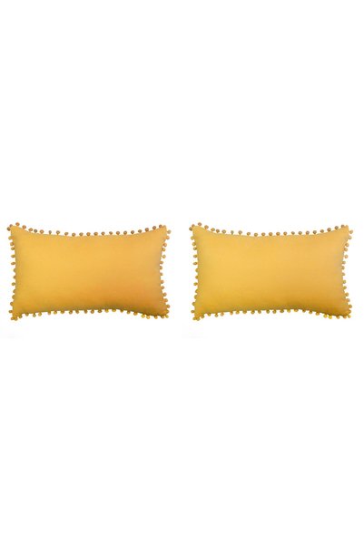 GOCCIA HOME Yellow Velvet Textured 2-Piece Pompom Throw Pillow Cover