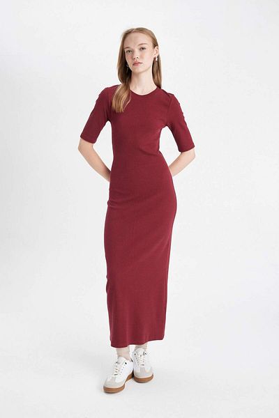 DeFacto Bodycon Bodycon Crewneck Basic Solid Ribbed Camisole Rochie maxi cu mânecă scurtă D8623AX24AU