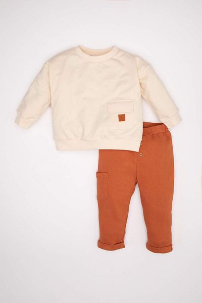DeFacto Baby Boy 2Pc Set - Crew Neck Pocket Sweatshirt Top - Elastic Waist Folded Leg Trousers Bottom D