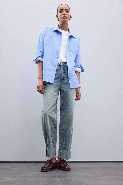 DeFacto Baggy Fit High Waist Folded Leg Ankle Length Jean Washed Pants D5440Ax24Au