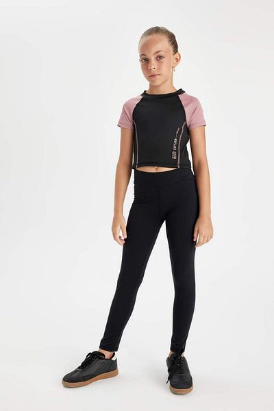 DeFacto Tricou cu mânecă scurtă pentru fete, slim fit, cu decolteu, cu imprimeu text D0313A824AU