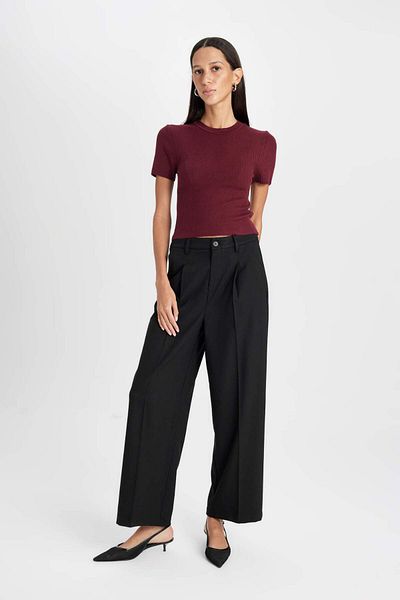 DeFacto Crop Crew Neck Basic Solid Ribbed Tricotaj cu mânecă scurtă Pulover C5638AX24AU