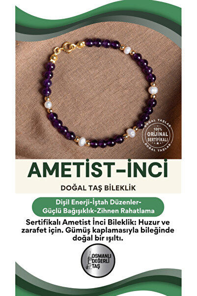 OSMANLI DEĞERLİ TAŞ SERTİFİKALI Ametist İnci Doğal Taş Gümüş Kaplama Bileklik