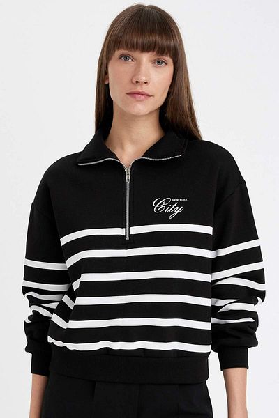 DeFacto Regular Fit Half Zip Stand Collar Striped Thick Sweatshirt D5297Ax24Au