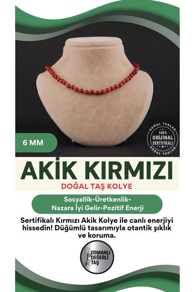 OSMANLI DEĞERLİ TAŞ Sertifikalı Akik Kırmızı 6mm Düğümlü Kolye
