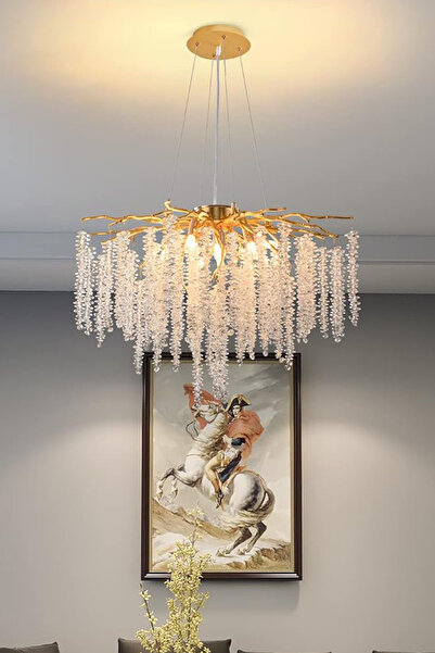 Store Serip 60lık Yuvarlak Gold Kaplamalı Modern Tasarım Salon Kristal Sarkıt Avize