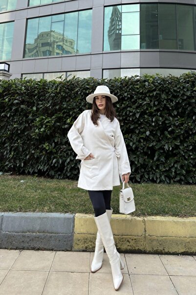 NEW LAVİVA Women's Ecru Double Breasted Collar, Side Tie Detail, Slit Stamp Jacket