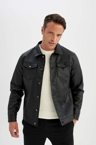 DeFacto Faux Leather Slim Fit Shirt Collar Jacket Coat - C4861AX24WN