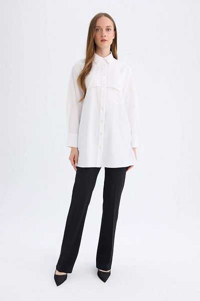 DeFacto Cămașă Relax Fit Guler Poplin Basic Solid cu mânecă lungă Cămașă albă Tunica D4773AX24AU