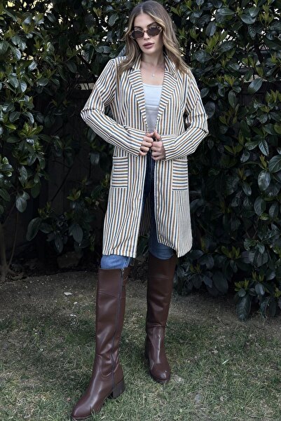 NEW LAVİVA Women's Yellow & Ecru Striped, Straw Rope Belt, Two Pockets, Long Linen Jacket