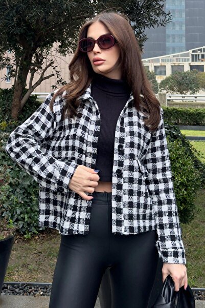 NEW LAVİVA Жіночий чорний піджак з двома кишенями, у клітинку, зручний крій, короткий твітовий піджак