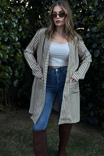 NEW LAVİVA Women's Yellow & Ecru Striped, Straw Rope Belt, Two Pockets, Long Linen Jacket