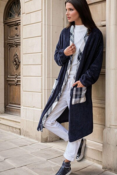 NEW LAVİVA Black Shawl Collar, Plaid Print, Long Jacket with Pocket Detail