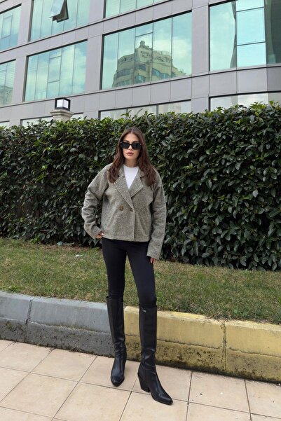 NEW LAVİVA Women's Khaki Double Breasted Collar, Double Button, Comfortable Fit, Ribbed Stamp Fabric Jacket