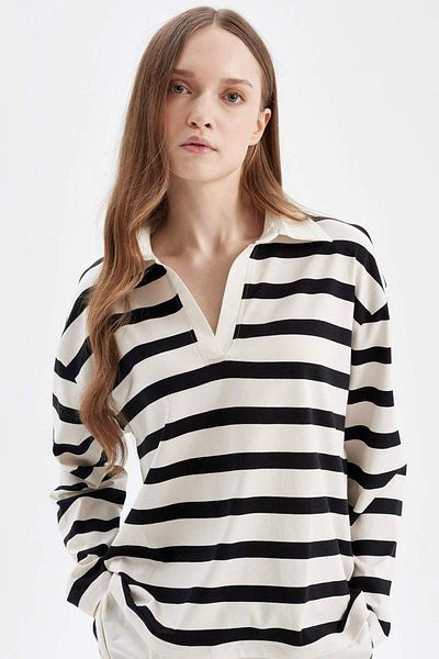 DeFacto Tricou cu mânecă lungă cu guler polo cu dungi cu croiala normală, cu detaliu la tiv, tunică D2183AX24AU