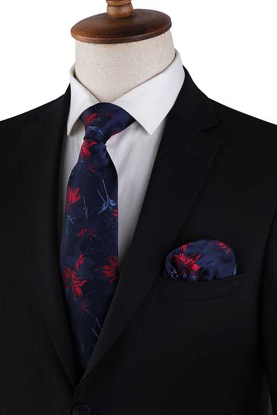 Kravatkolik Navy Blue Flower Pattern Classic Tie with Handkerchief Kk13141