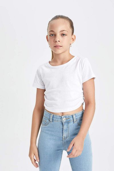 DeFacto Girls' Crop Crew Neck Basic Plain Short Sleeve T-Shirt D1838A824Hs
