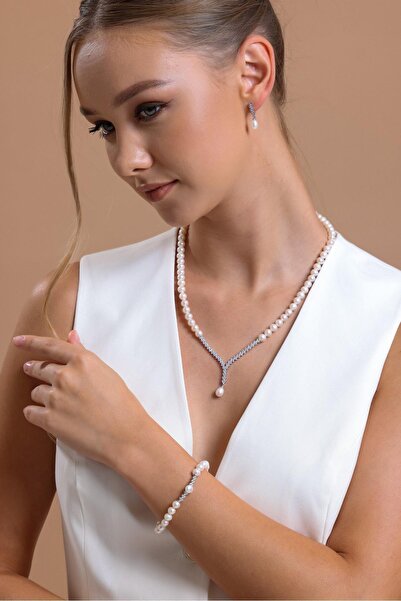 Birinci1926 14 Ayar Altın 7 Mm Suyolu Doğal Inci Küpe Kolye Bileklik Üçlü Set