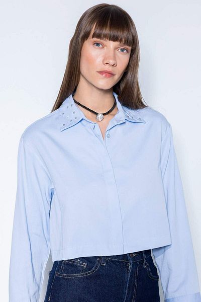 DeFacto Crop Basic Plain Button Woven Long Sleeve Shirt D4617Ax24Au