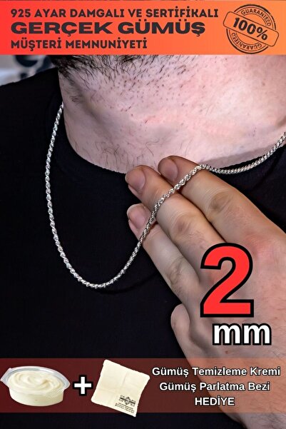 OSMANLI GÜMÜŞ Erkek Gümüş Kolye - 2mm Burma Model Halat Gümüş Kolye Zincir Gk...