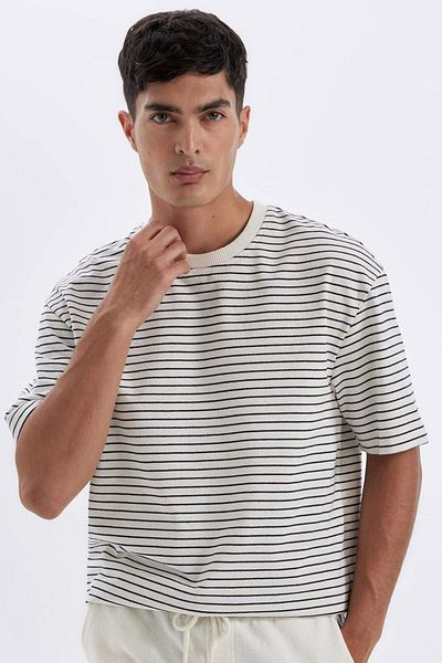 DeFacto Relax Fit Crew Neck Navy Blue Striped Short Sleeve Basic T-Shirt D2800Ax24Au